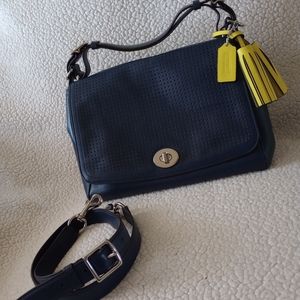 COACH Legacy Romy Satchel Perforated Navy/Bright Citrine Silver Turnlock